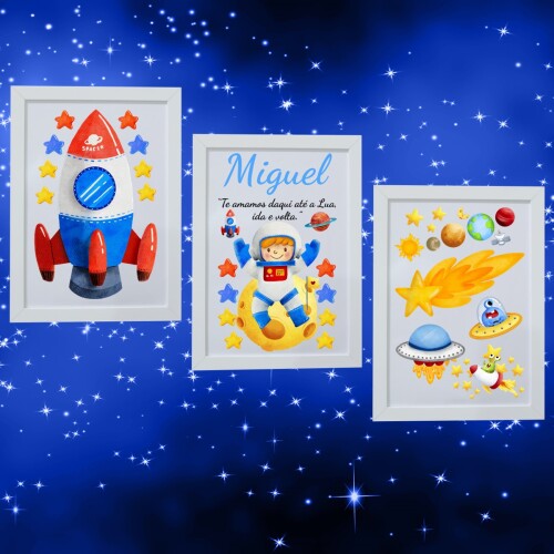 Kit 3 Quadros Astronauta com Fundo Estrelado