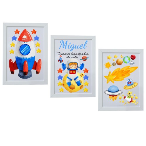 Kit 3 Quadros Astronauta